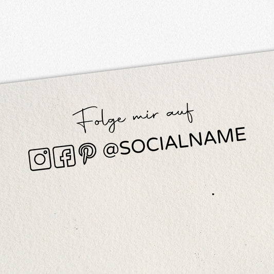 Social Media Stempel mit 3 Icons und zusätzlicher Textzeile als Holzstempel