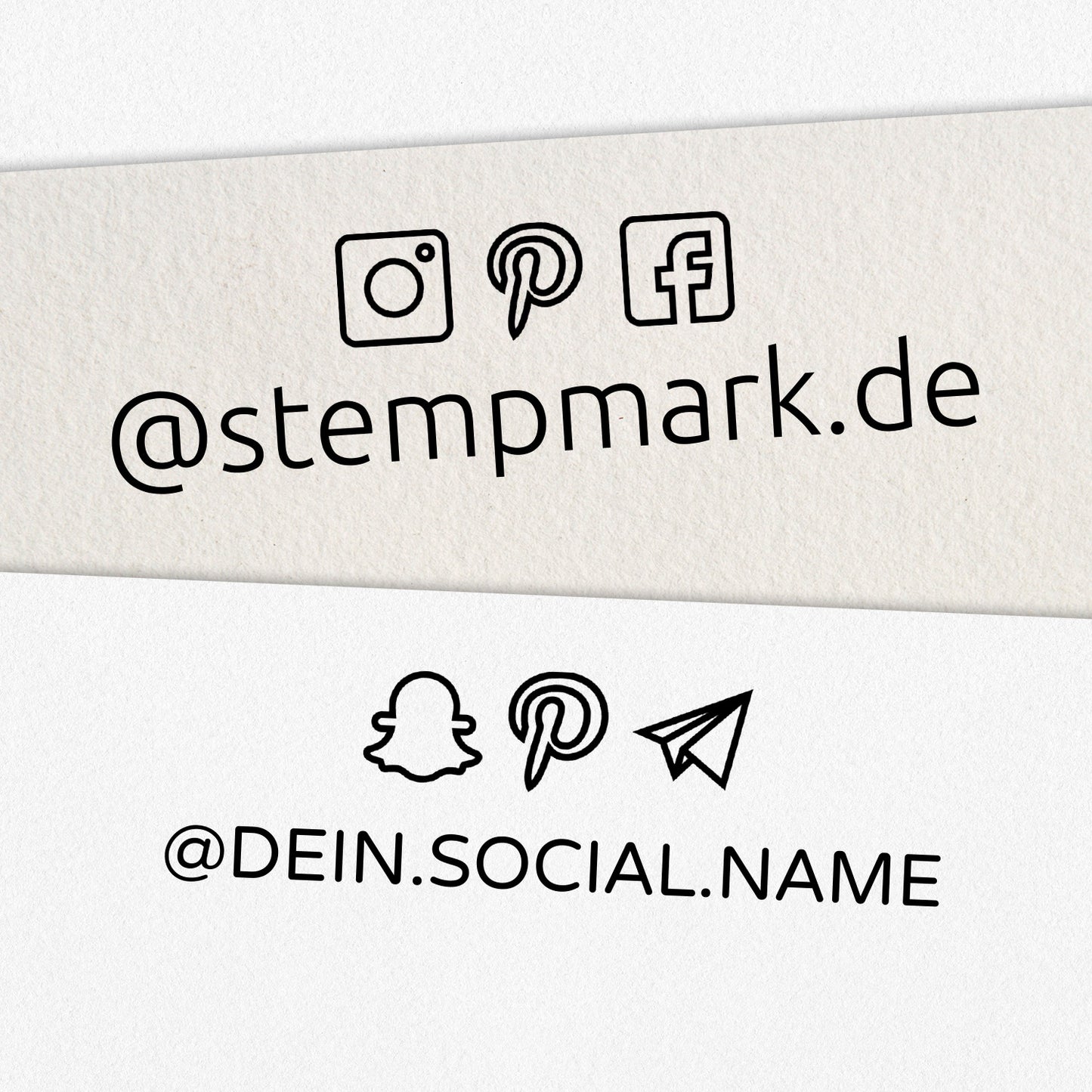 Personalisierter Social Media Stempel mit 3 Icons oben als Holzstempel