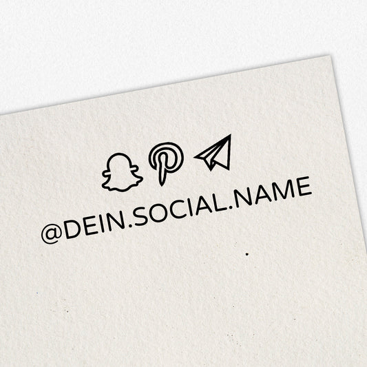 Personalisierter Social Media Stempel mit 3 Icons oben als Holzstempel