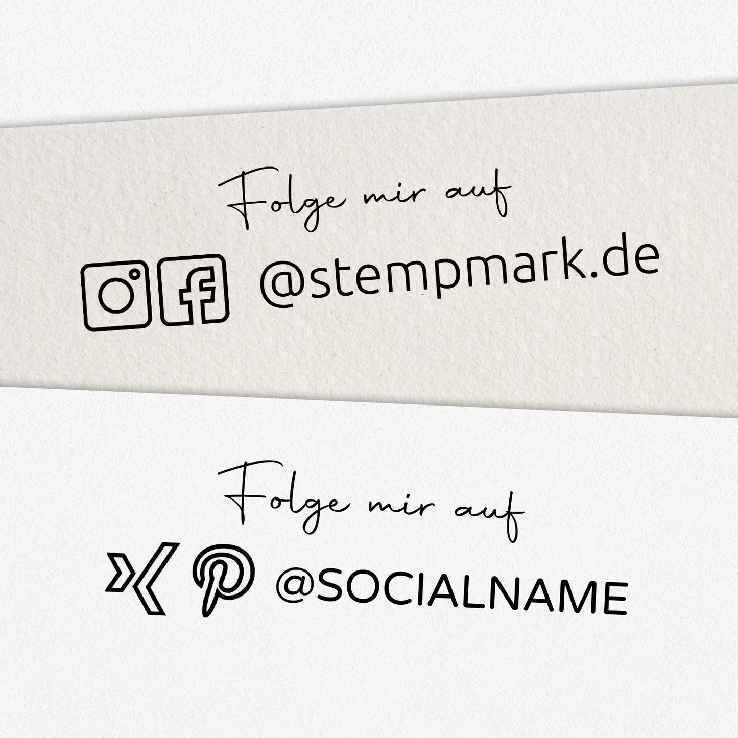 Social Media Stempel mit 2 Icons und zusätzlicher Textzeile als Holzstempel