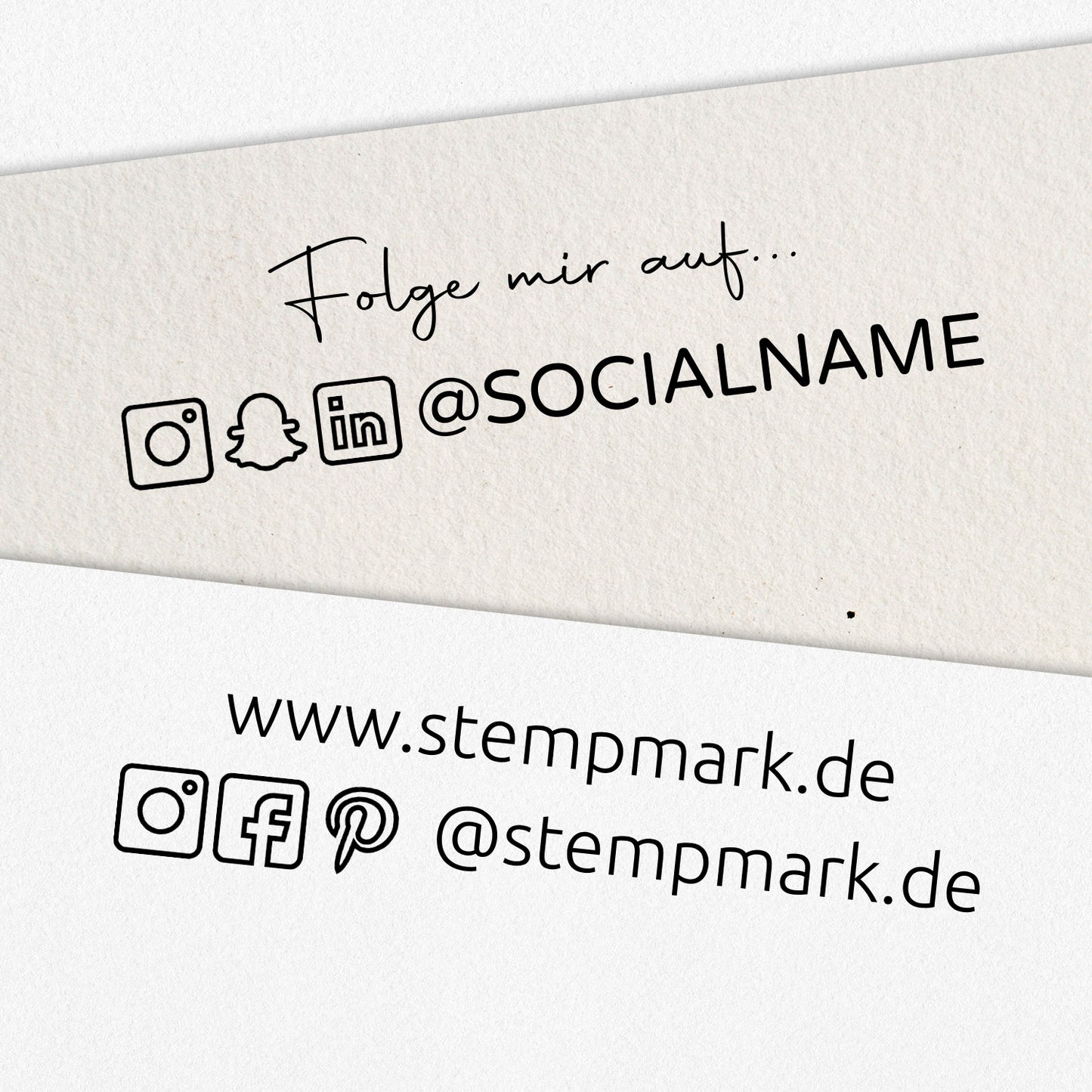 Social Media Stempel mit 3 Icons und zusätzlicher Textzeile als Holzstempel