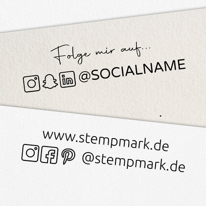 Social Media Stempel mit 3 Icons und zusätzlicher Textzeile als Holzstempel