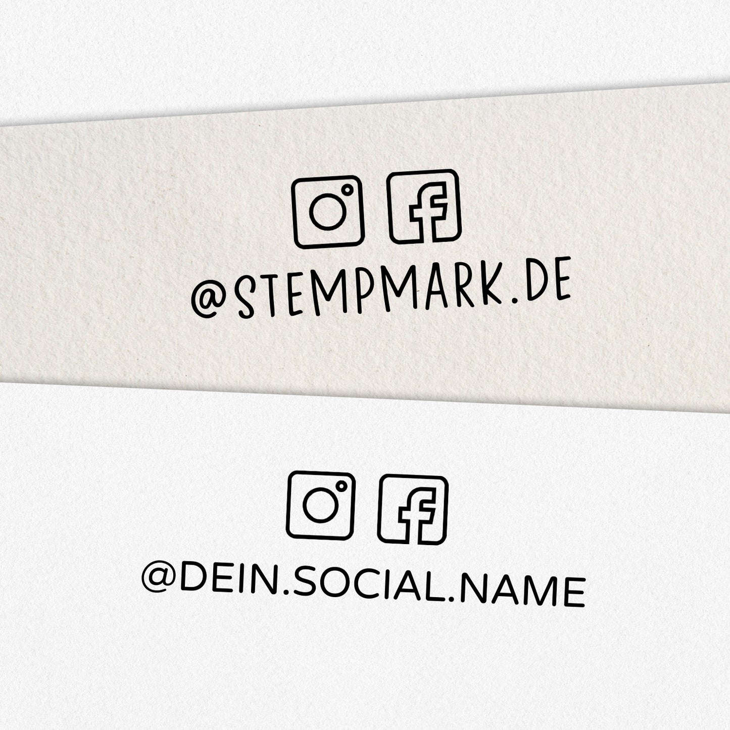 Personalisierter Social Media Stempel mit 2 Icons oben als Holzstempel
